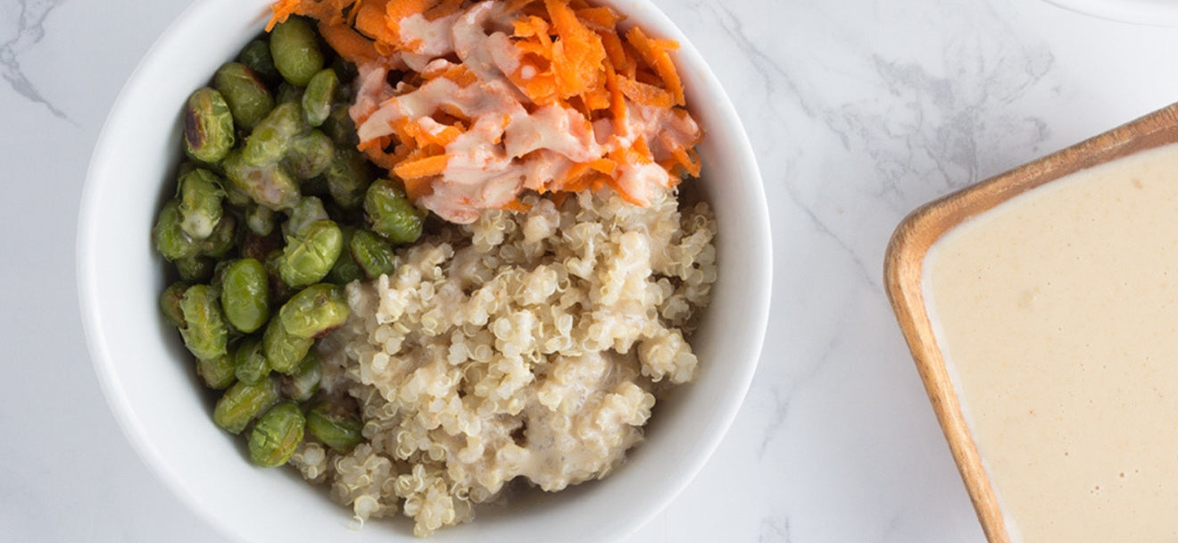 ROASTED EDAMAME & QUINOA BOWLS WITH MISO TAHINI DRESSING